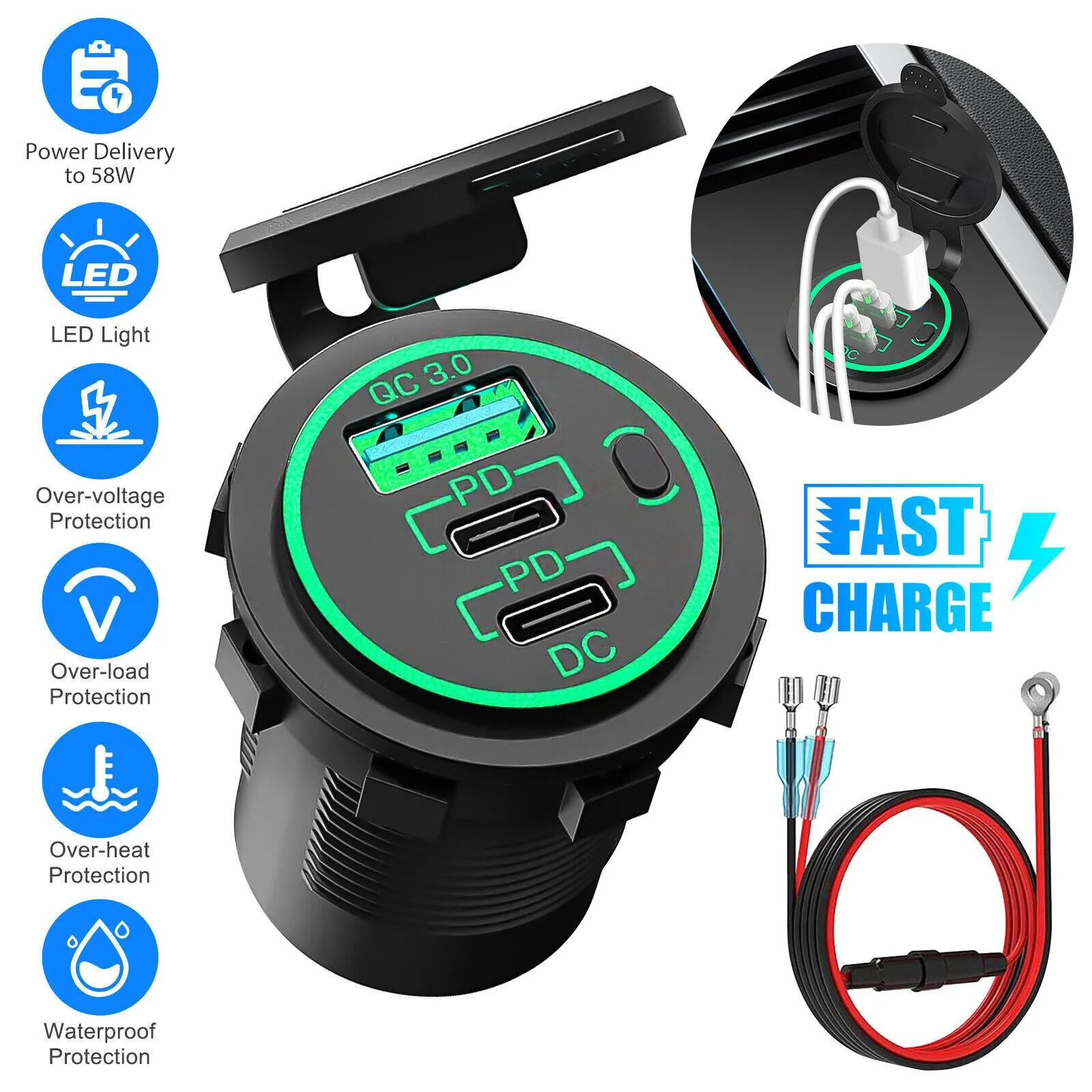 12V USB Outlet Dual PD20W   QC3.0 18W Car Fast Charger Power