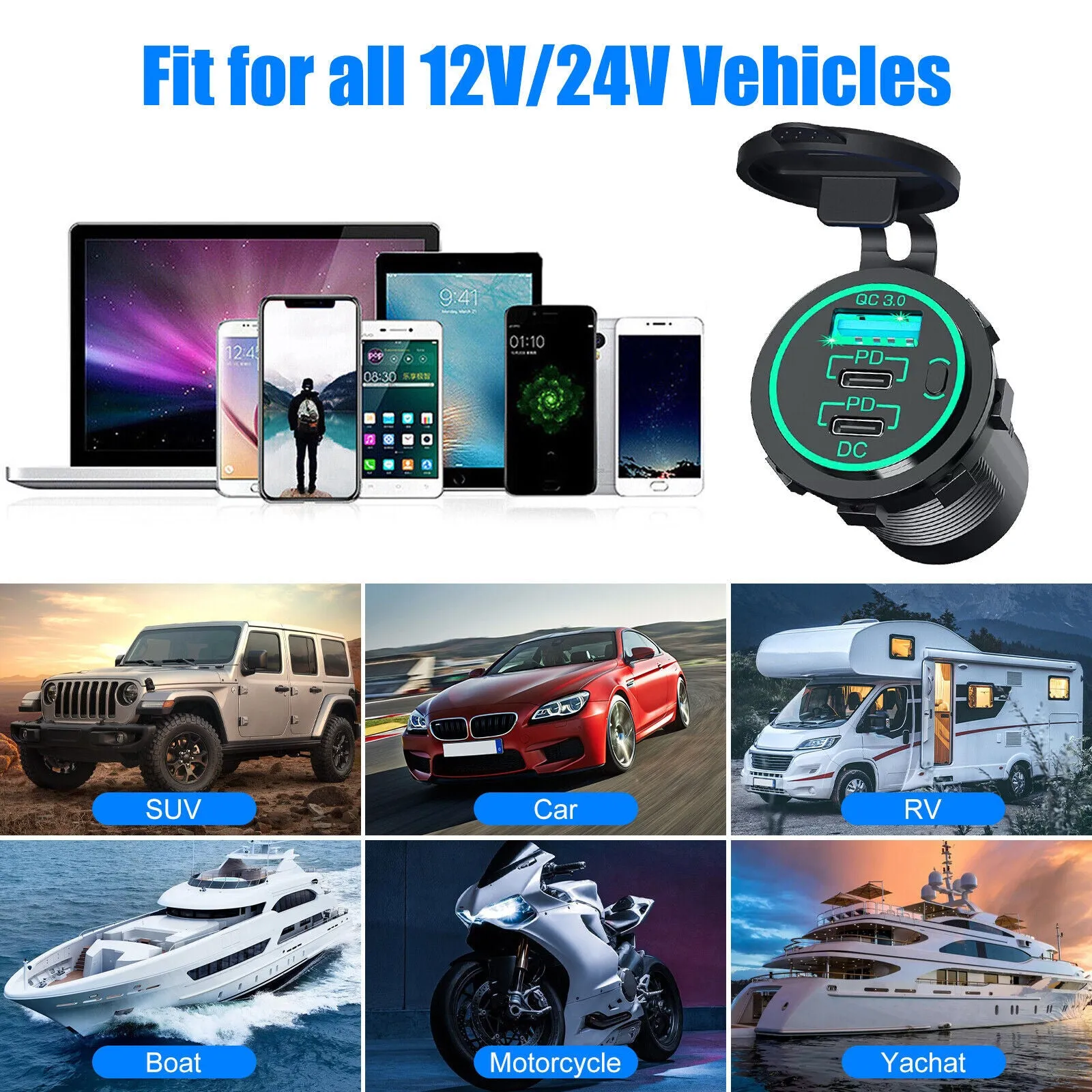 12V USB Outlet Dual PD20W   QC3.0 18W Car Fast Charger Power