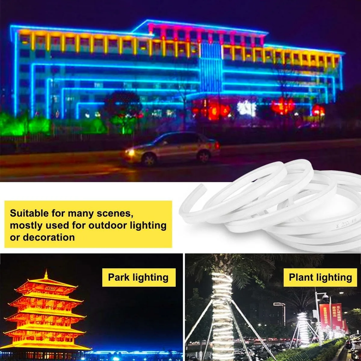 1M/5M/10M 220V 5050RGB LED Strip 60LED/M Waterproof Tape Neon Flex Lights Rope Plug