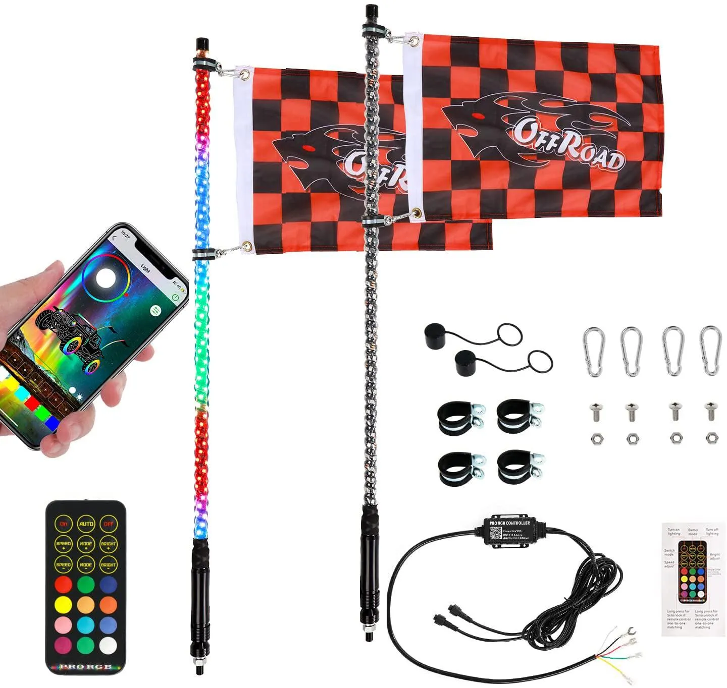 (2pcs/set) 3FT/4FT LED RGB Whip Lights with Turn Signal & Brake Light, Bluetooth APP/ Remote Control