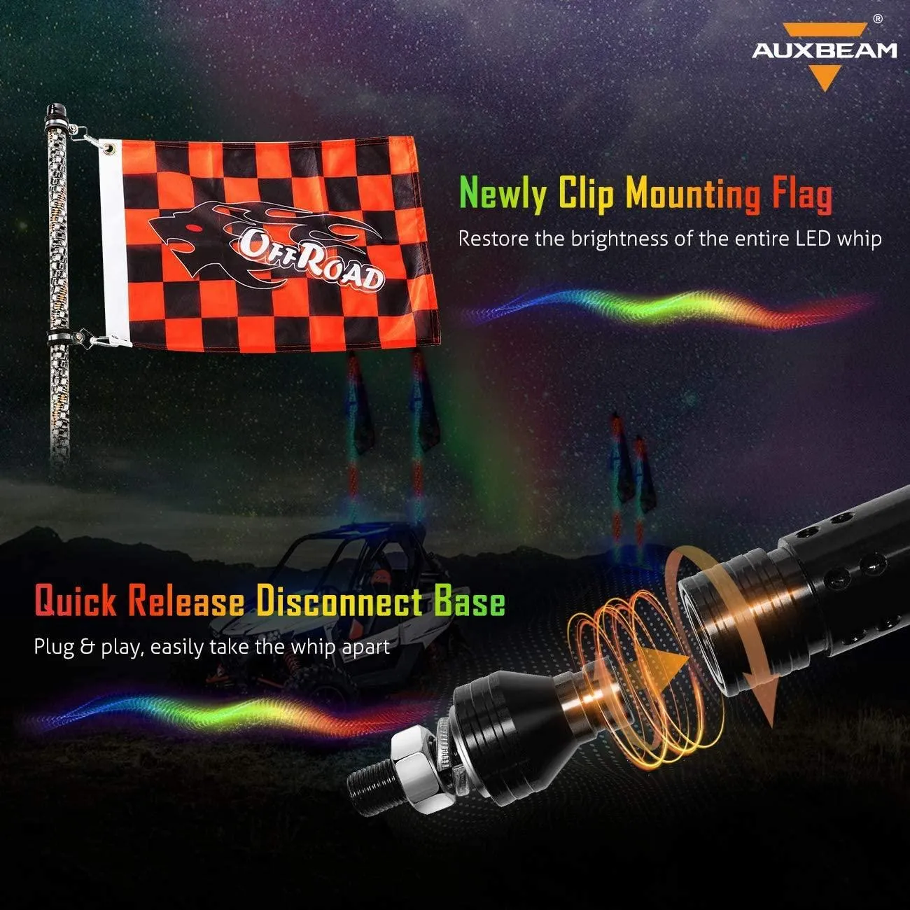 3FT/4FT LED RGB Whip Lights with Bluetooth/ Remote Controlled   Whip Light Mounting Brackets for UTV, ATV, Off-road Vehicle