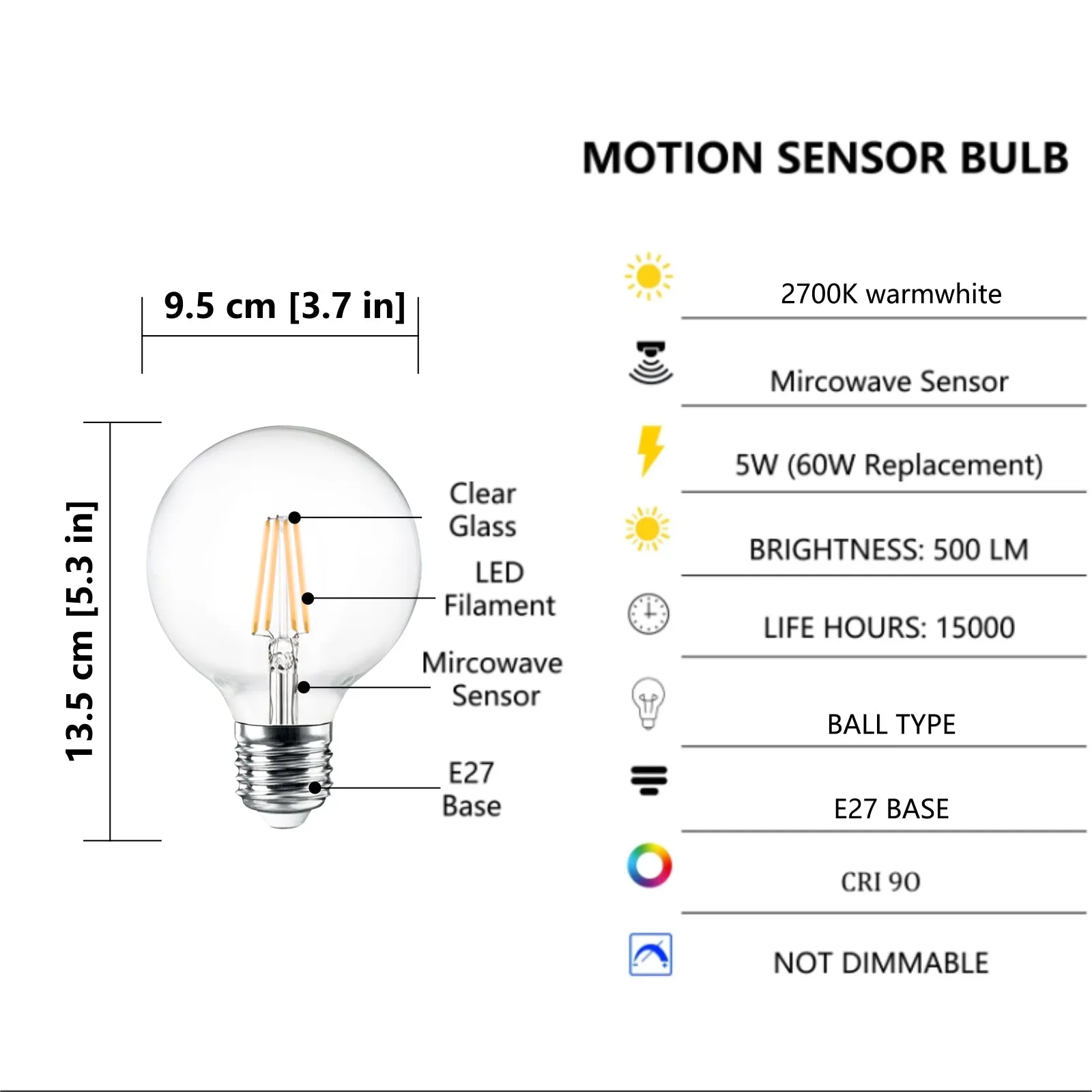 4PACK Motion Sensor LED G95 Filament Bulb 5W Equivalent 60W 2700K Warmwhite No DIM