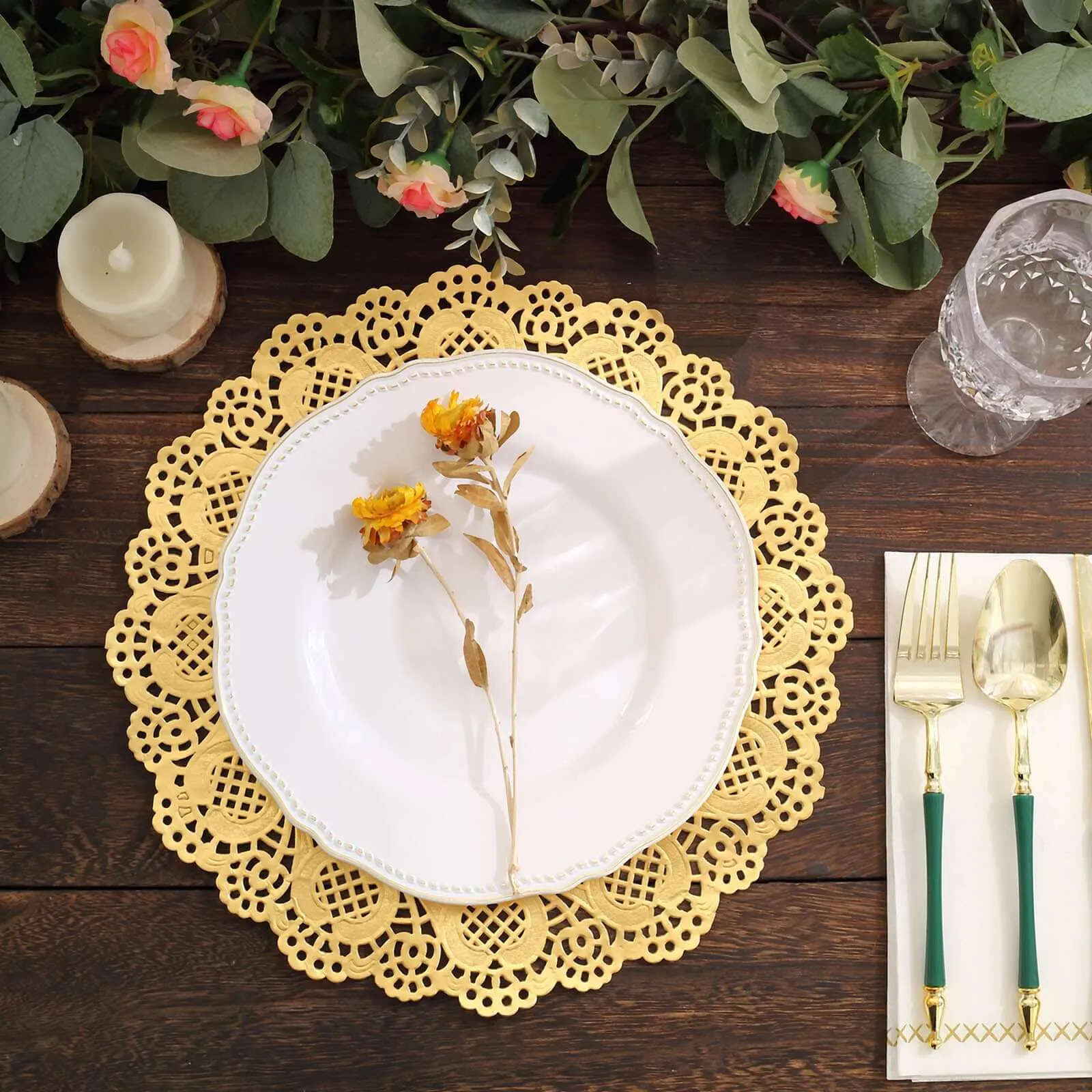 50 Pcs Paper Round Placemats 12" Gold - Food Grade Lace Paper Doilies for Desserts, Crafts & Table Decor