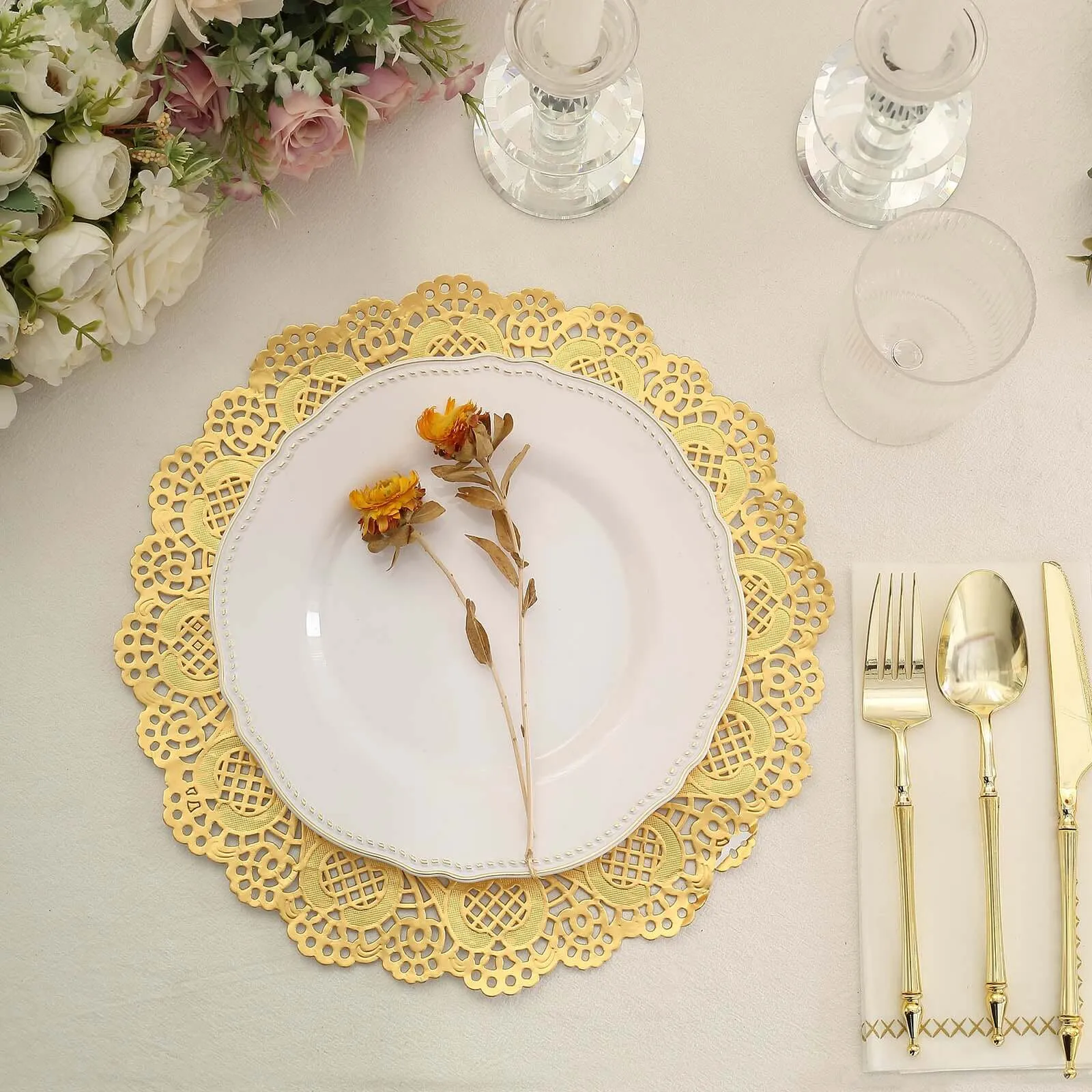50 Pcs Paper Round Placemats 12" Gold - Food Grade Lace Paper Doilies for Desserts, Crafts & Table Decor