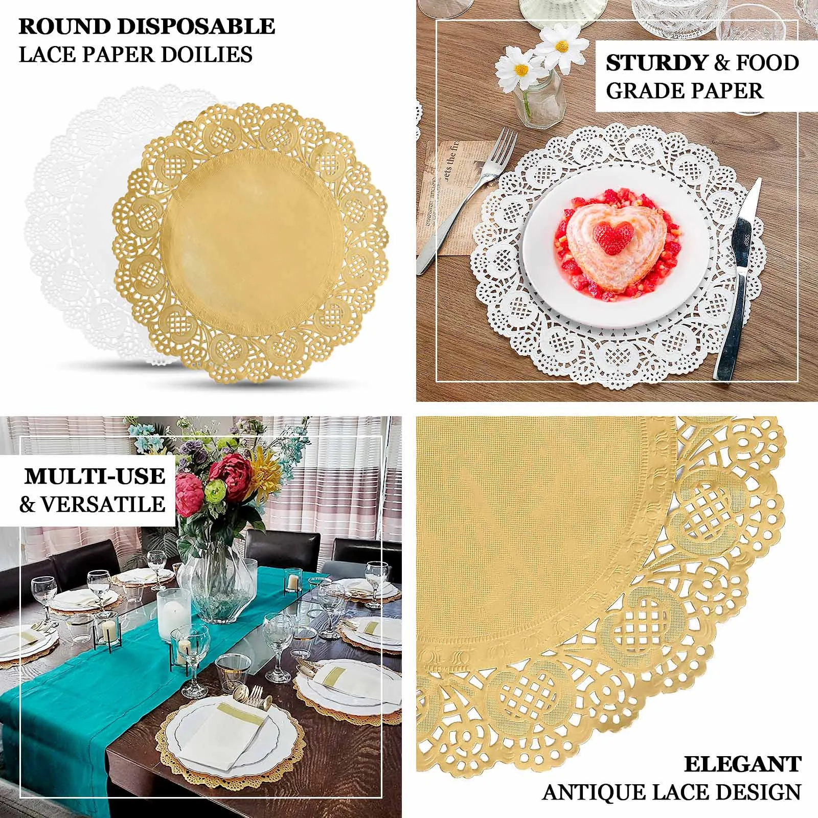 50 Pcs Paper Round Placemats 12" Gold - Food Grade Lace Paper Doilies for Desserts, Crafts & Table Decor