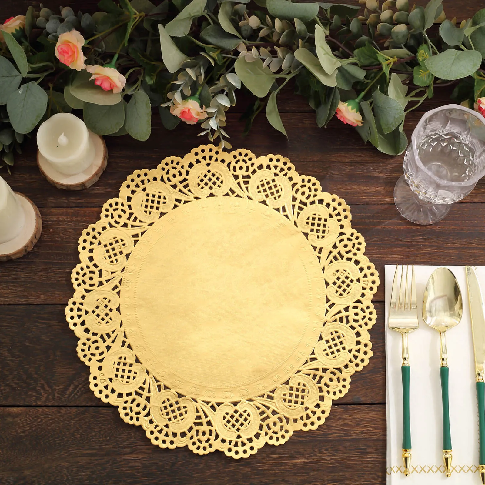 50 Pcs Paper Round Placemats 12" Gold - Food Grade Lace Paper Doilies for Desserts, Crafts & Table Decor