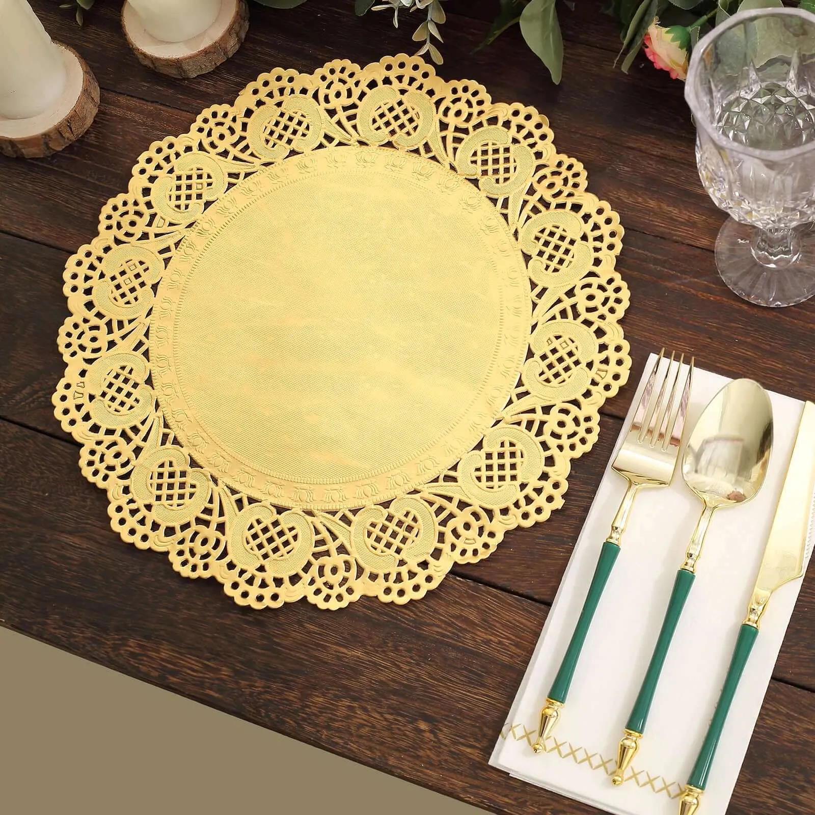 50 Pcs Paper Round Placemats 12" Gold - Food Grade Lace Paper Doilies for Desserts, Crafts & Table Decor