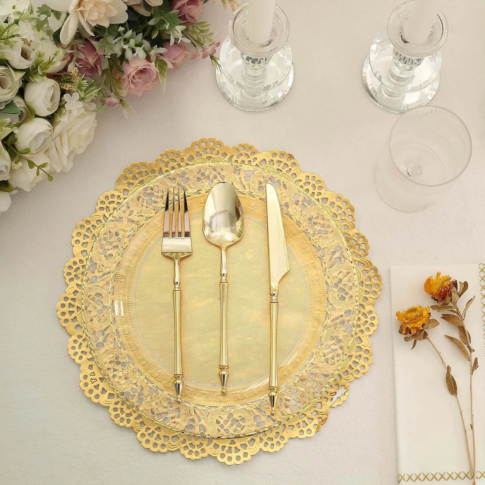50 Pcs Paper Round Placemats 12" Gold - Food Grade Lace Paper Doilies for Desserts, Crafts & Table Decor