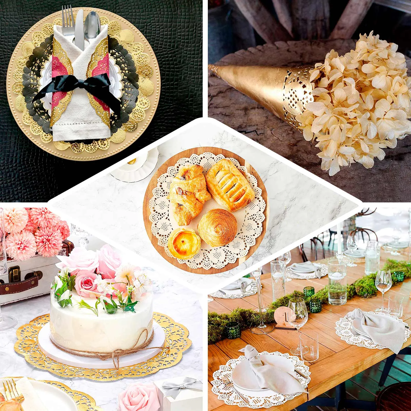 50 Pcs Paper Round Placemats 12" Gold - Food Grade Lace Paper Doilies for Desserts, Crafts & Table Decor