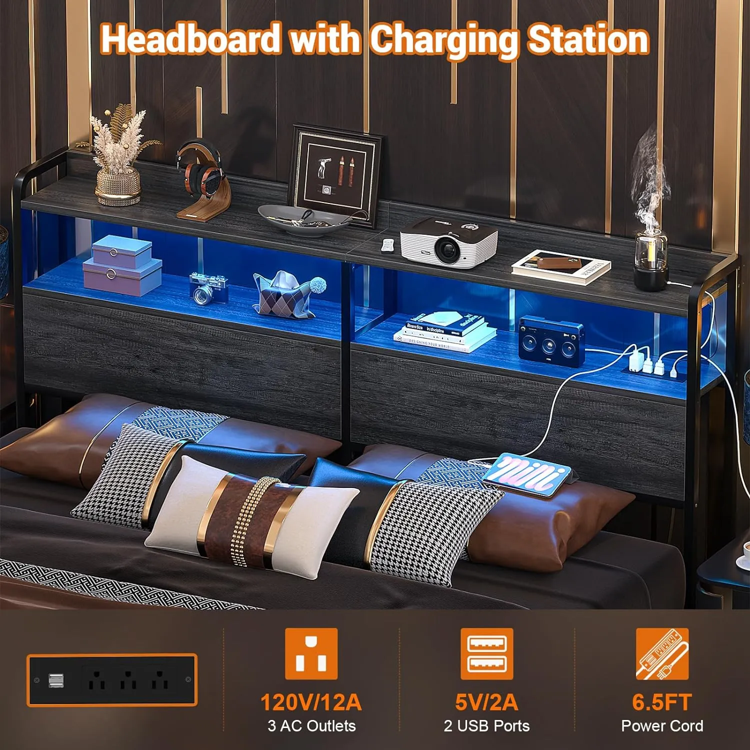 Aheaplus Headboard for Queen Size Bed Frame, Headboards with Outlets, USB Ports and LED Light, Head Board with Storage, Height Adjustable, Sturdy and Stable Headboard, Queen Size, Black Oak
