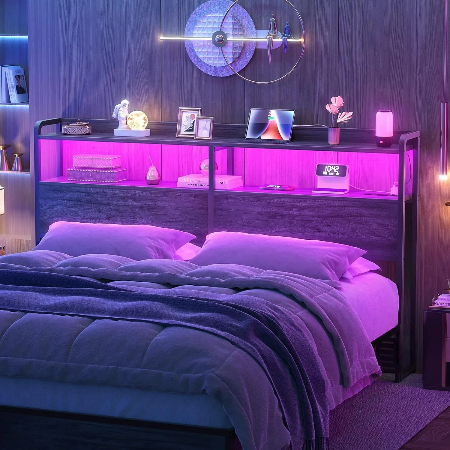 Aheaplus Headboard for Queen Size Bed Frame, Headboards with Outlets, USB Ports and LED Light, Head Board with Storage, Height Adjustable, Sturdy and Stable Headboard, Queen Size, Black Oak