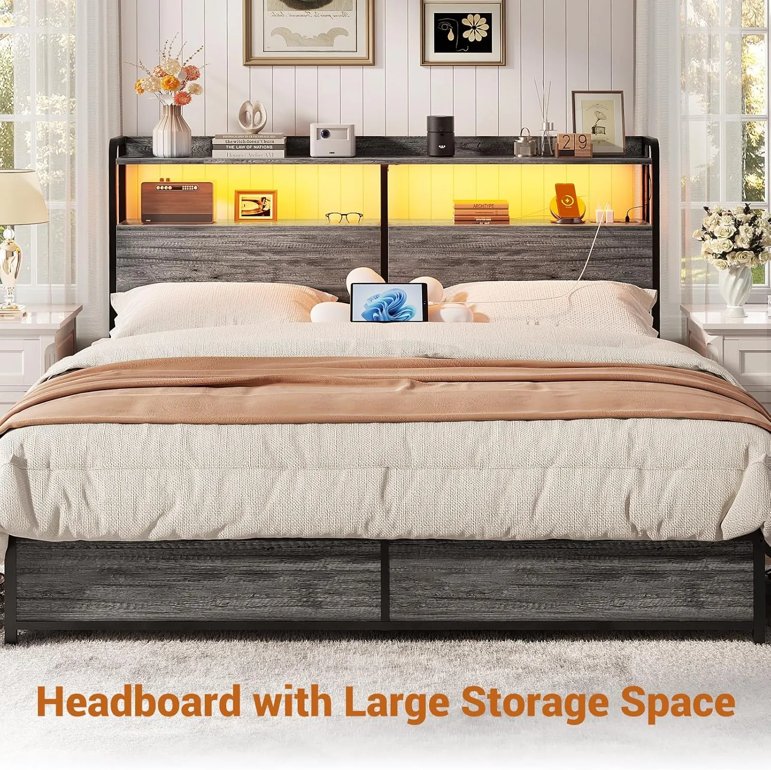 Aheaplus Headboard for Queen Size Bed Frame, Headboards with Outlets, USB Ports and LED Light, Head Board with Storage, Height Adjustable, Sturdy and Stable Headboard, Queen Size, Black Oak