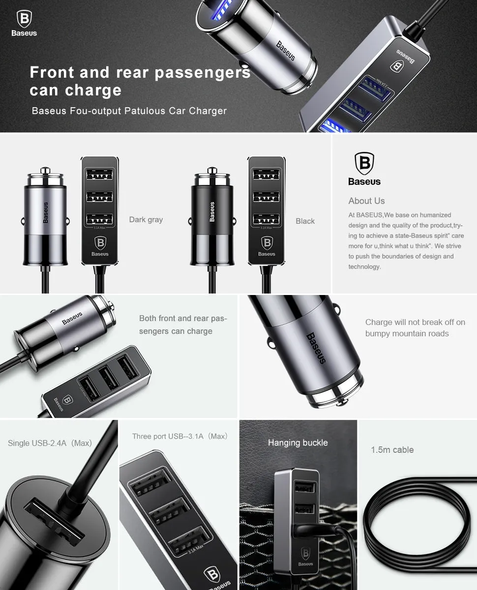 Baseus Car USB Charger 4 Ports Output Car Charger Mobile Phone