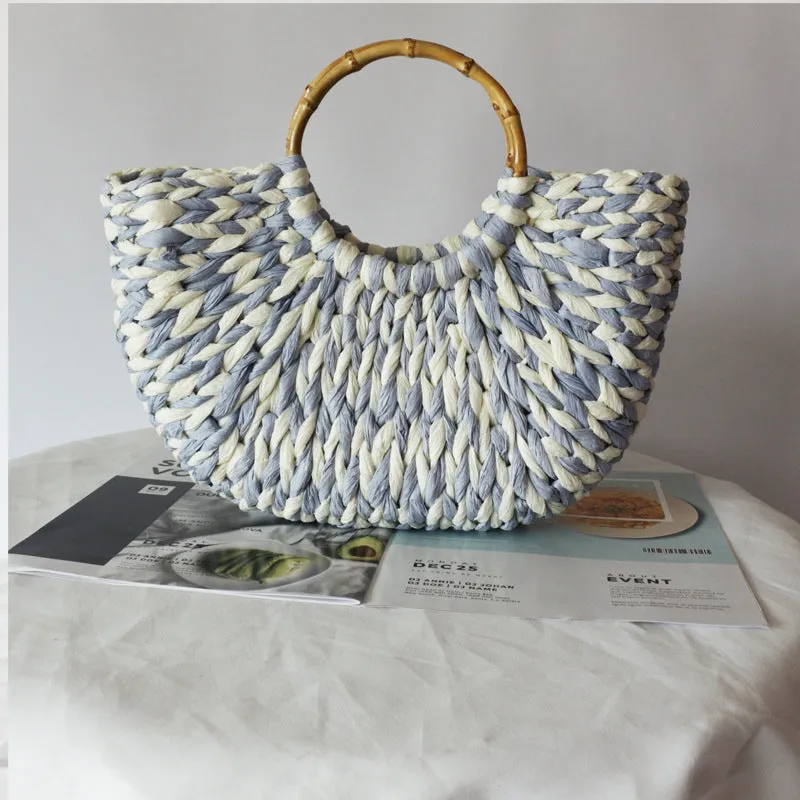 Blue and White Straw Woven Bag Women's Bag