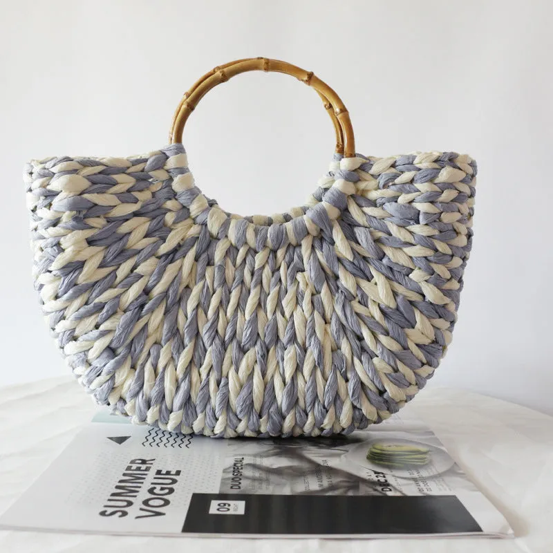 Blue and White Straw Woven Bag Women's Bag