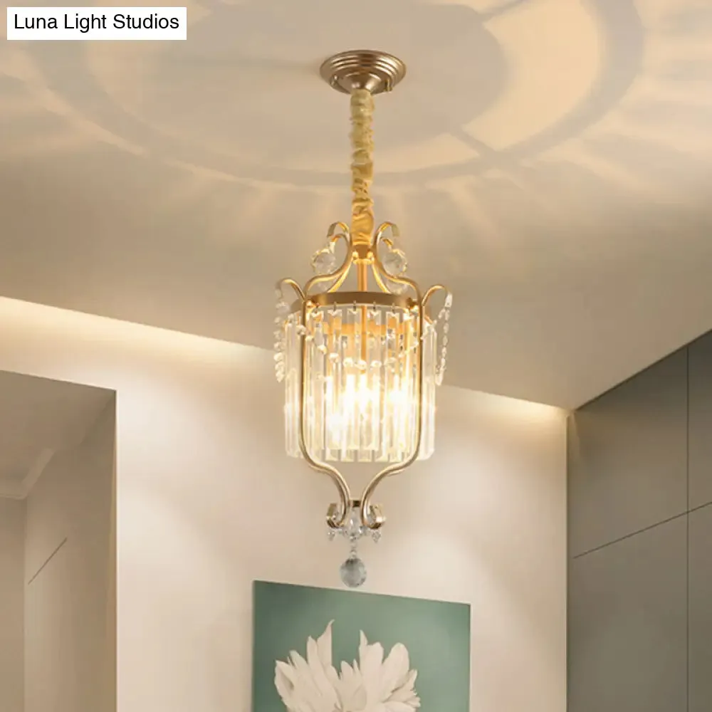 Country Style 1-Head Gold Pendant: Cylindrical K9 Crystal Hanging Lamp for Dining Room Downlighting