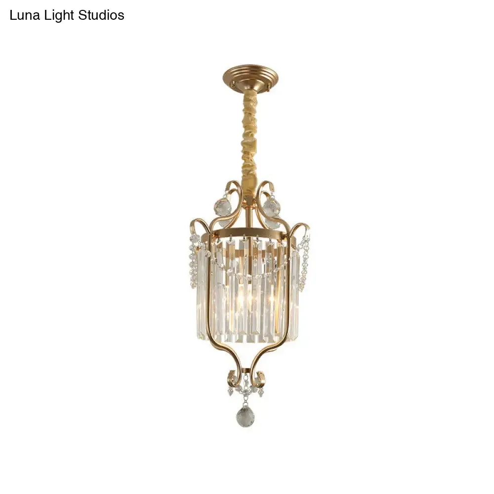 Country Style 1-Head Gold Pendant: Cylindrical K9 Crystal Hanging Lamp for Dining Room Downlighting