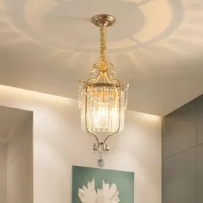 Country Style 1-Head Gold Pendant: Cylindrical K9 Crystal Hanging Lamp for Dining Room Downlighting