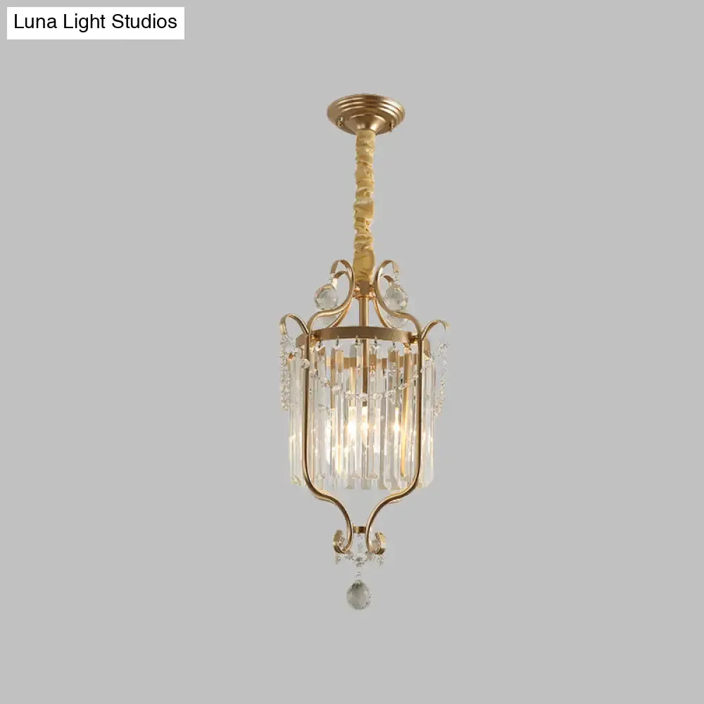 Country Style 1-Head Gold Pendant: Cylindrical K9 Crystal Hanging Lamp for Dining Room Downlighting
