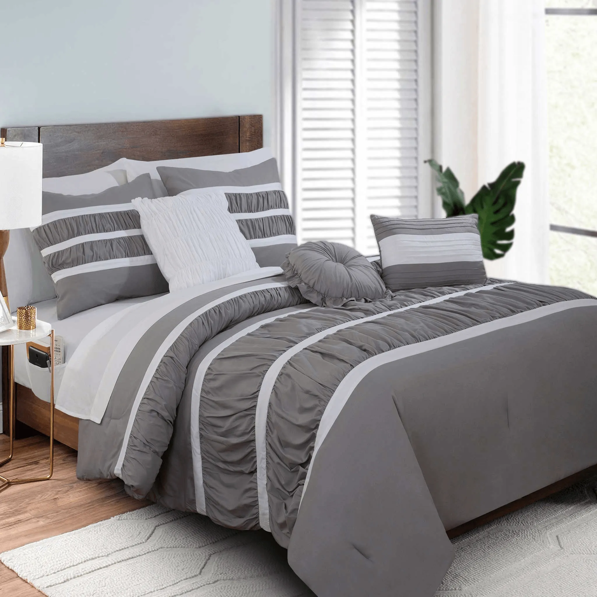 Elegant Comfort 12-Piece Isabella Pleated Ruched Ruffled Comforter Set, Includes 6-Piece Sheet Set with Double Sided Storage Pockets