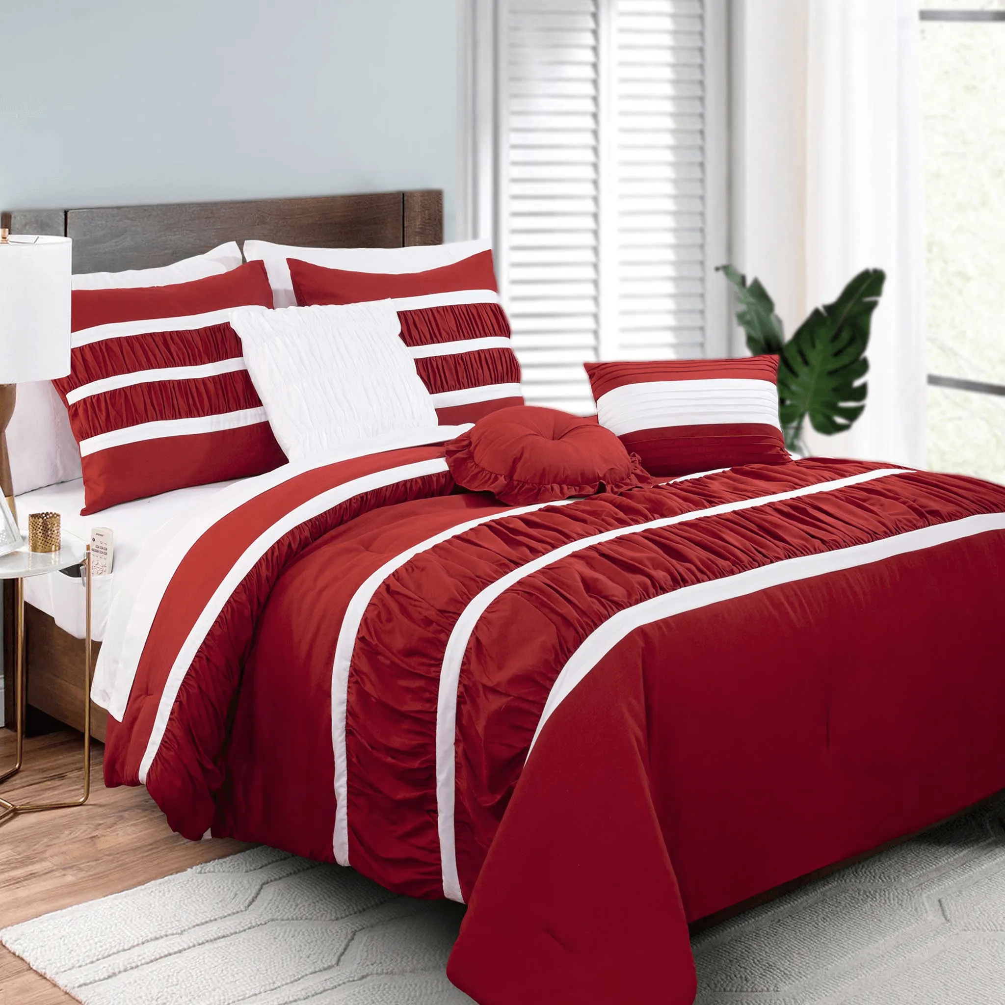 Elegant Comfort 12-Piece Isabella Pleated Ruched Ruffled Comforter Set, Includes 6-Piece Sheet Set with Double Sided Storage Pockets