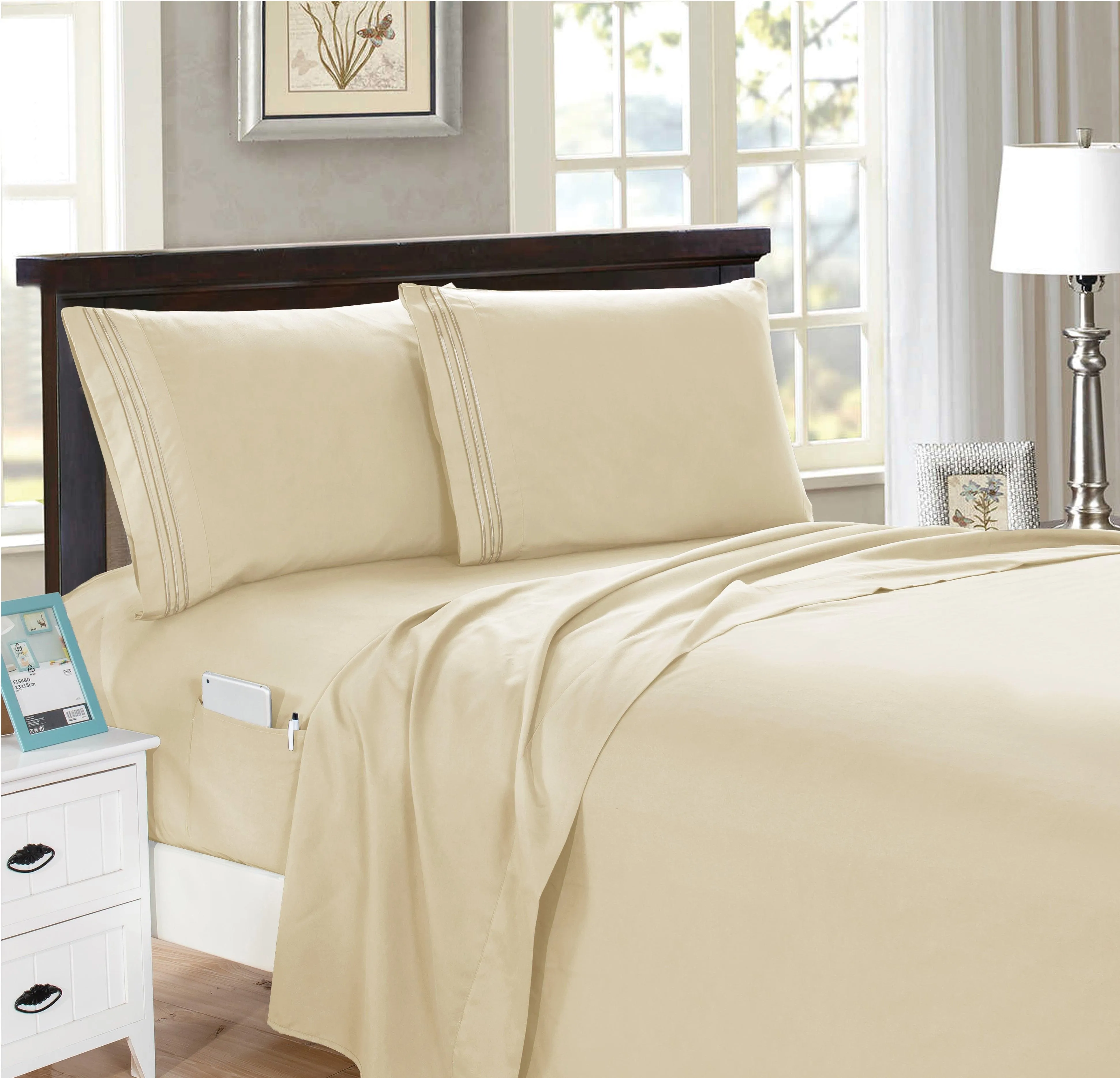 Elegant Comfort 4 Piece Smart Pocket Sheet Set - Features Double Sided Storage Pockets on Fitted Sheet