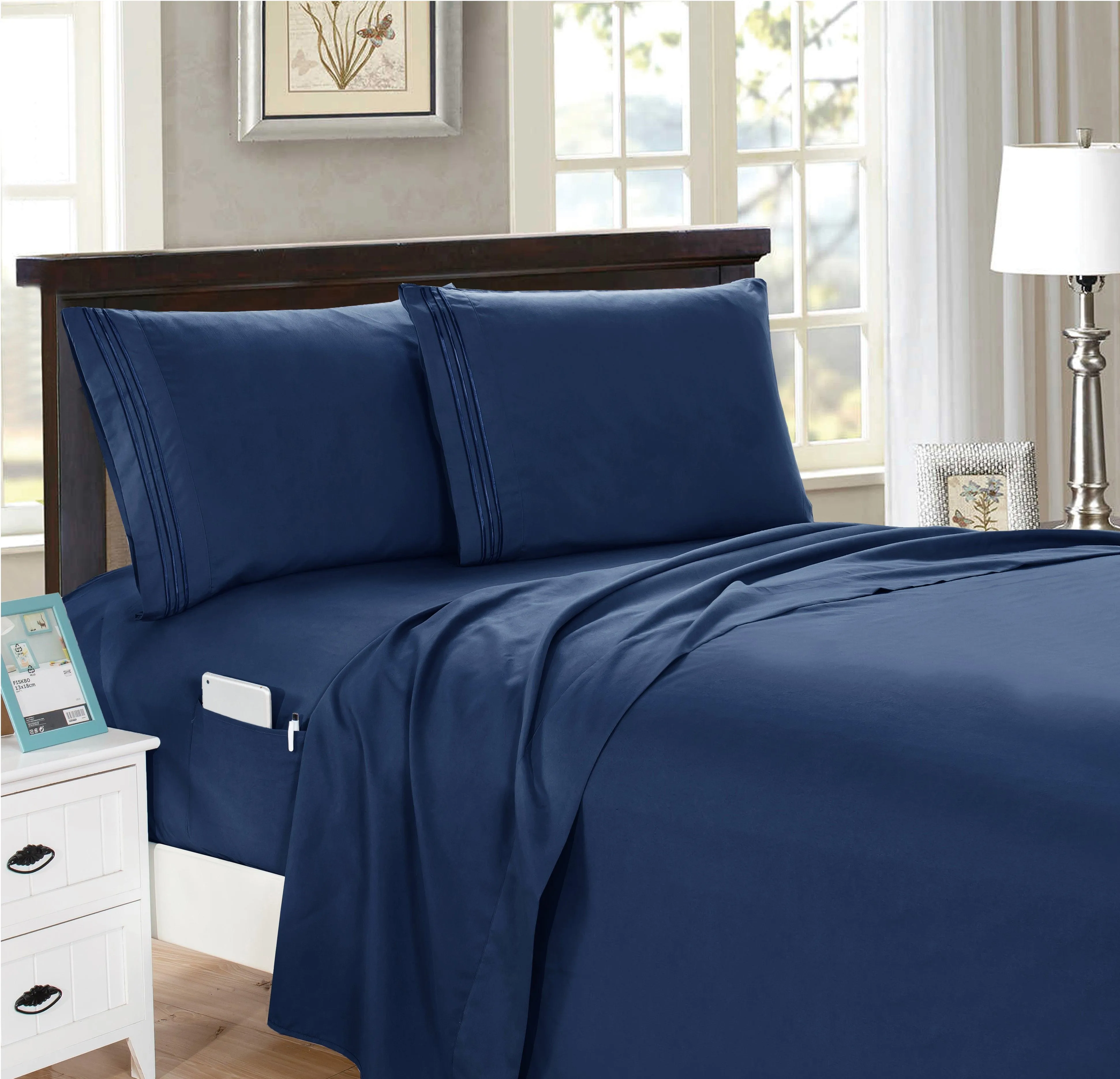 Elegant Comfort 4 Piece Smart Pocket Sheet Set - Features Double Sided Storage Pockets on Fitted Sheet