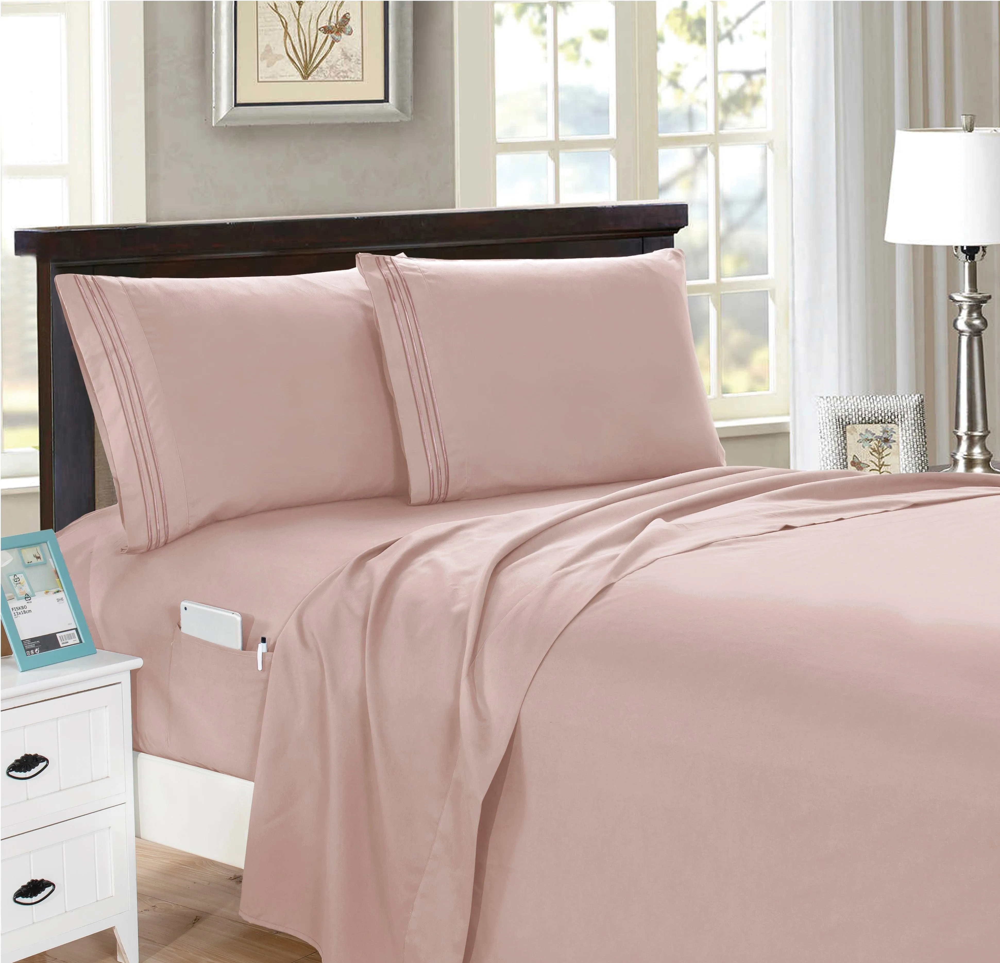 Elegant Comfort 4 Piece Smart Pocket Sheet Set - Features Double Sided Storage Pockets on Fitted Sheet