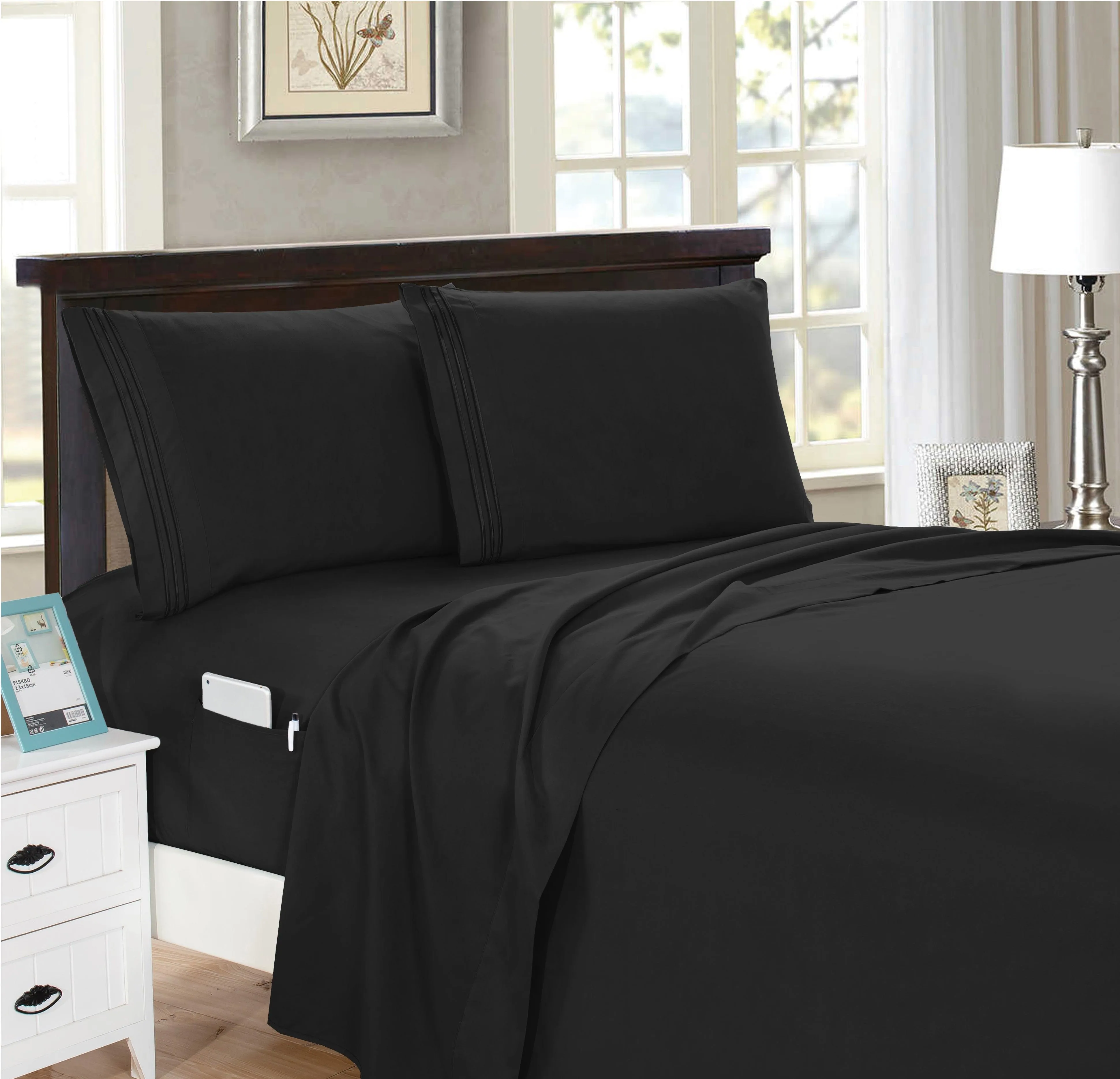 Elegant Comfort 4 Piece Smart Pocket Sheet Set - Features Double Sided Storage Pockets on Fitted Sheet