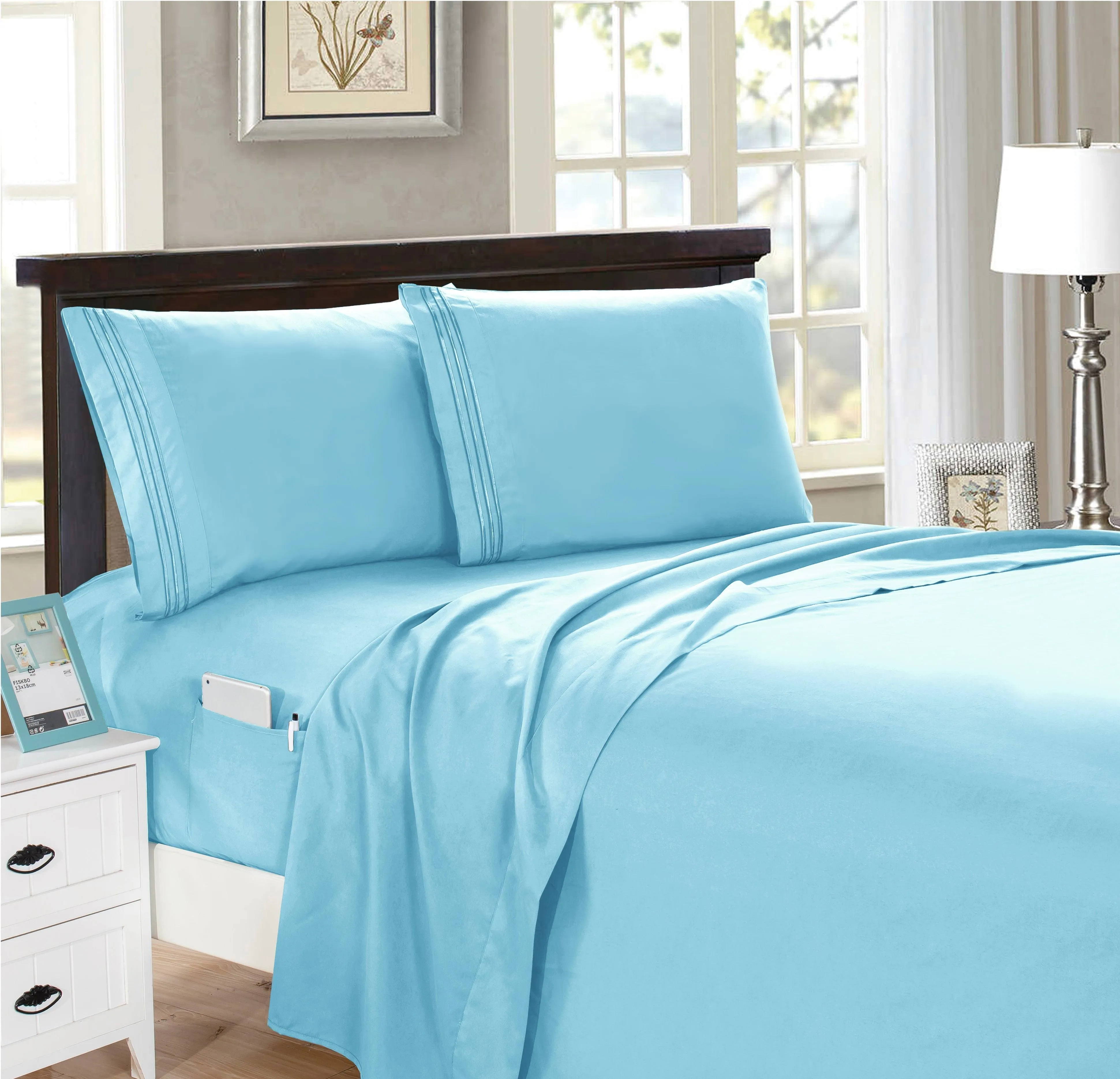 Elegant Comfort 4 Piece Smart Pocket Sheet Set - Features Double Sided Storage Pockets on Fitted Sheet
