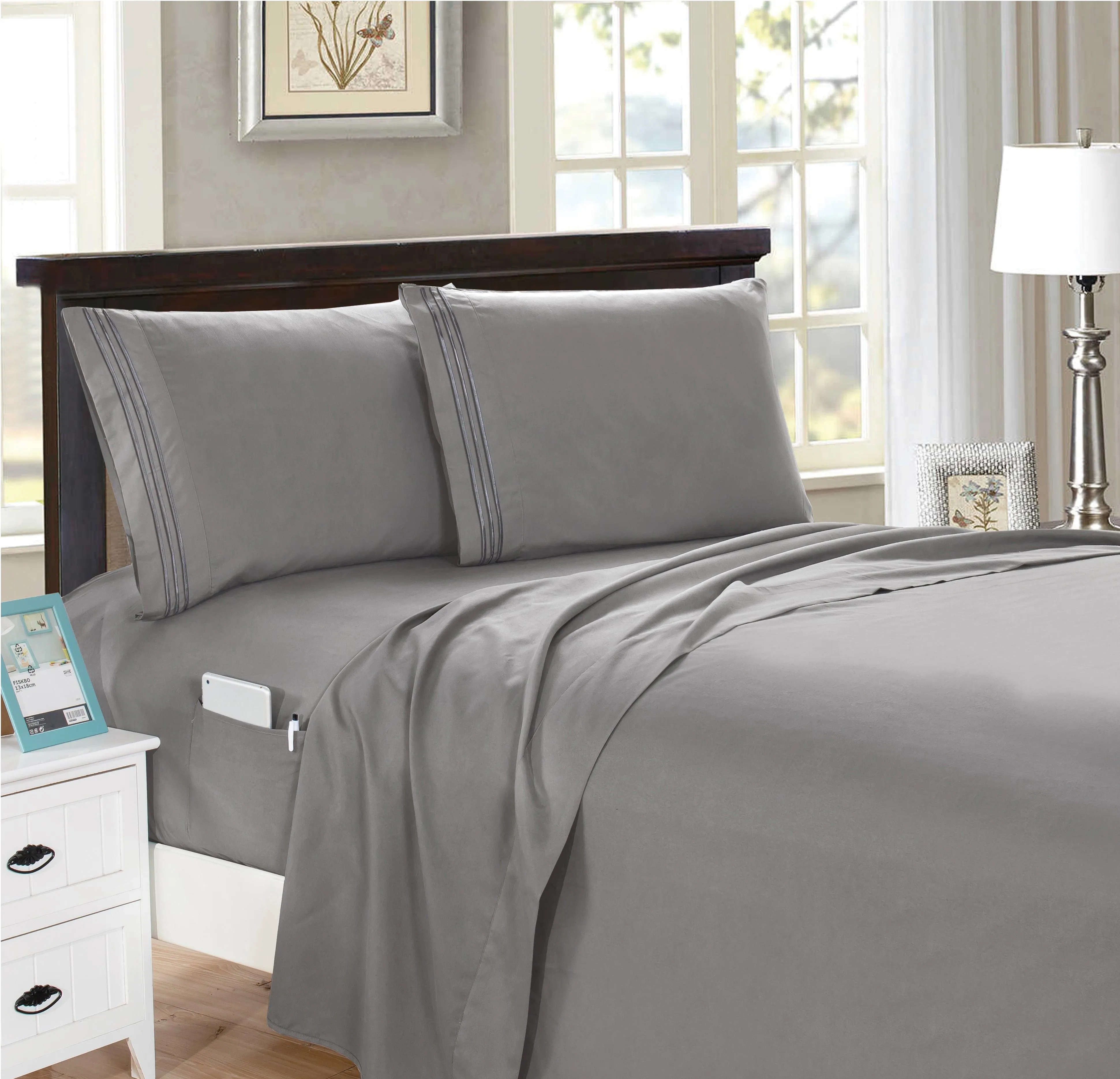 Elegant Comfort 4 Piece Smart Pocket Sheet Set - Features Double Sided Storage Pockets on Fitted Sheet
