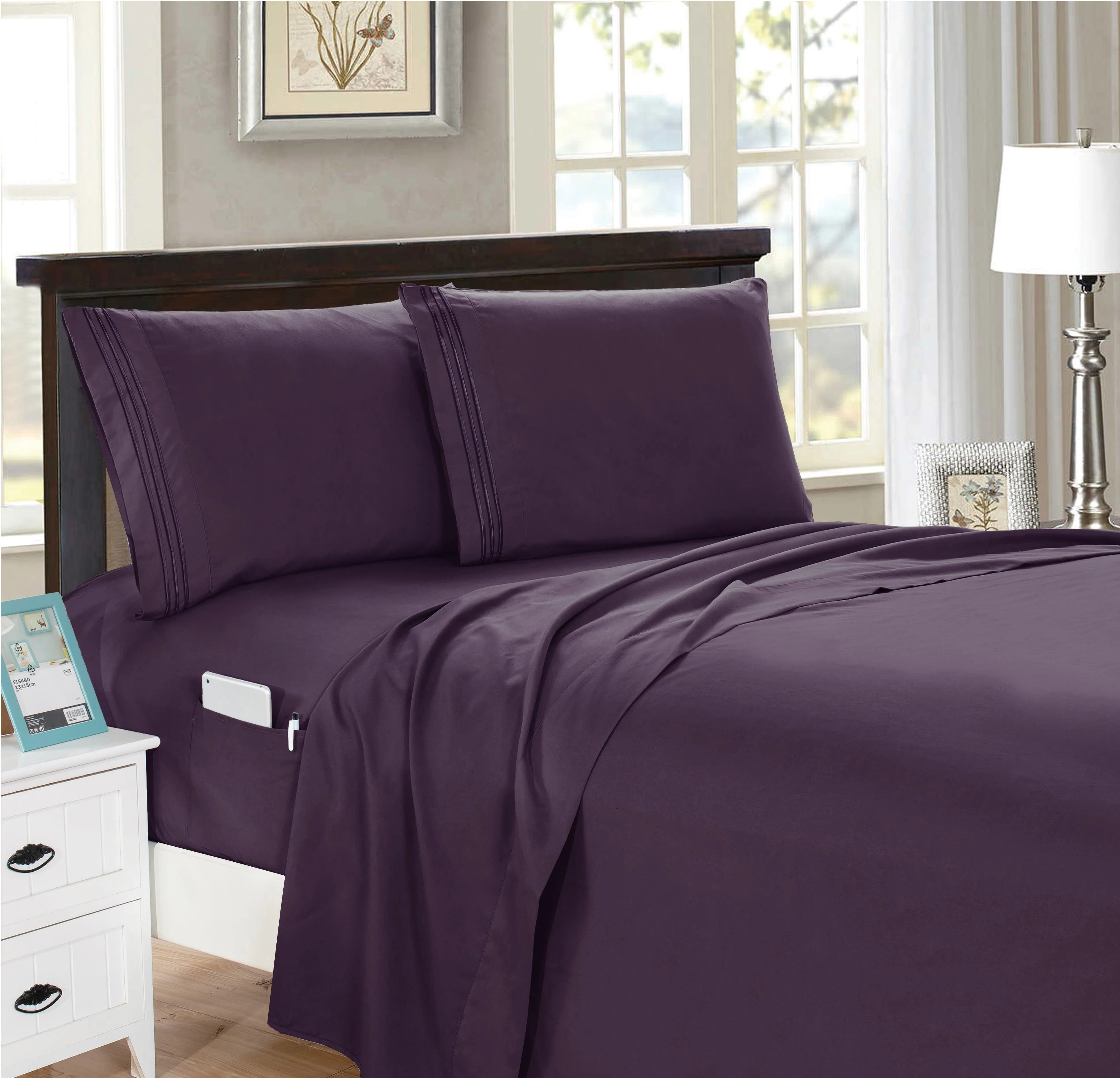 Elegant Comfort 4 Piece Smart Pocket Sheet Set - Features Double Sided Storage Pockets on Fitted Sheet