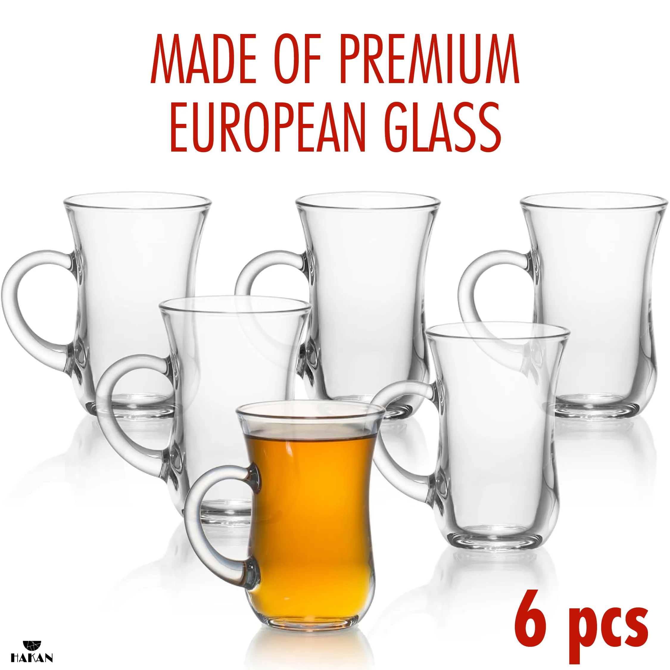 Hakan Istanbul Turkish Tea Glasses with Handles, 6 Pcs, 4.9 oz