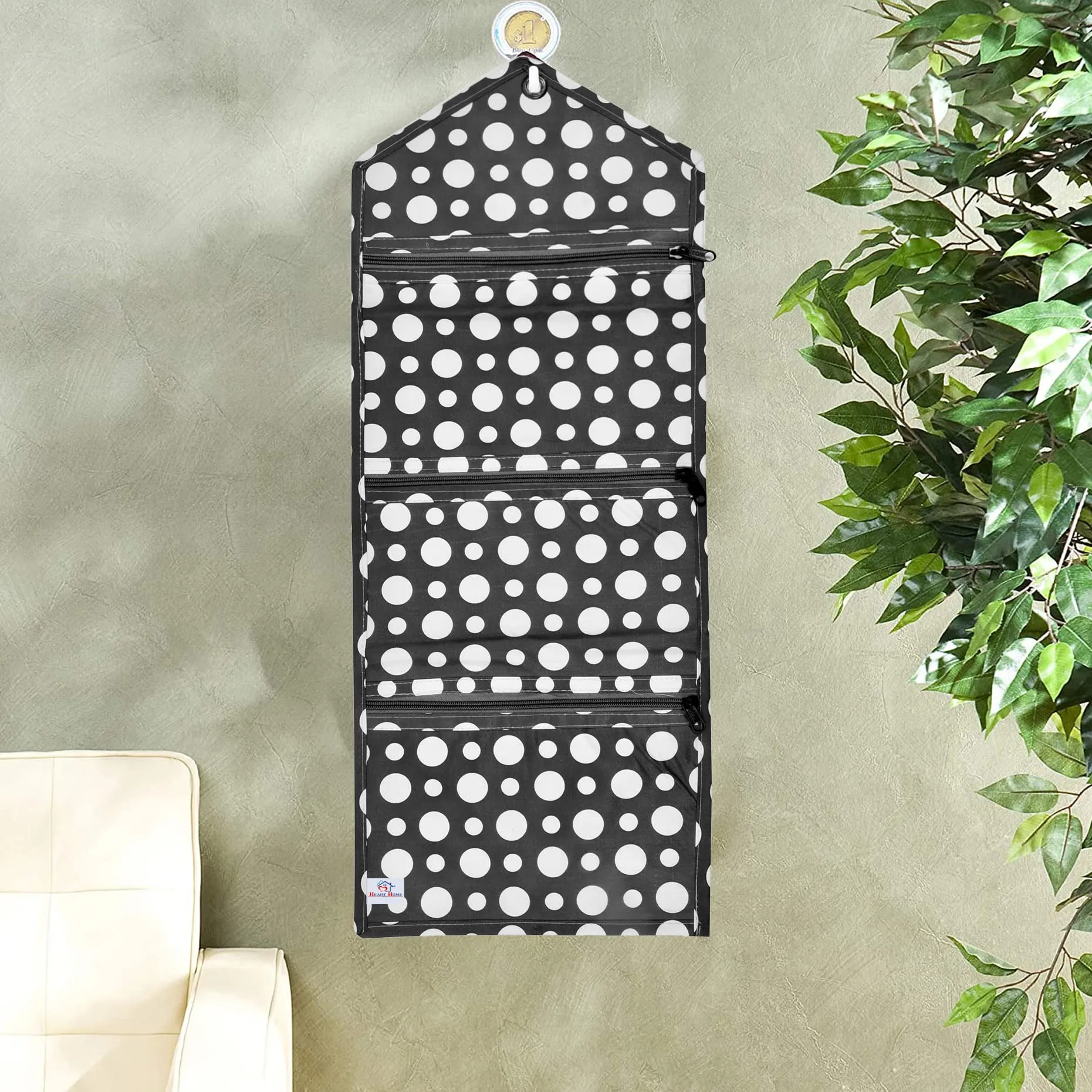 Heart Home Dot Printed 3 Pockets Wall Hanging Storage Organizer, Magazine/Letter Holder, Stationary Organizer- Pack of 2 (Black & White)-HS43HEARTH25744