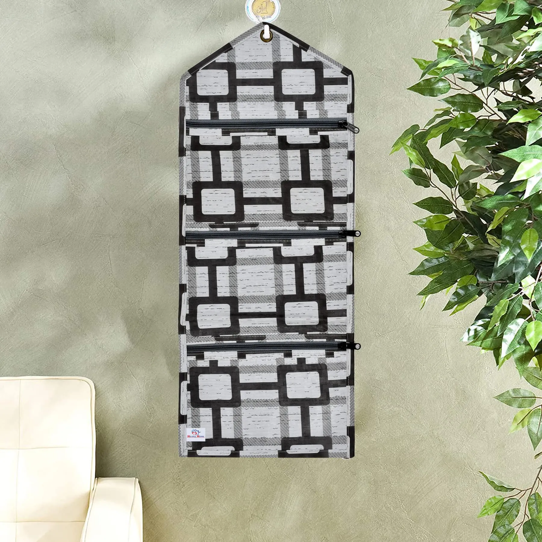 Heart Home Square Printed 3 Pockets Wall Hanging Storage Organizer, Magazine/Letter Holder, Stationary Organizer- Pack of 2 (Grey)-HS43HEARTH25748