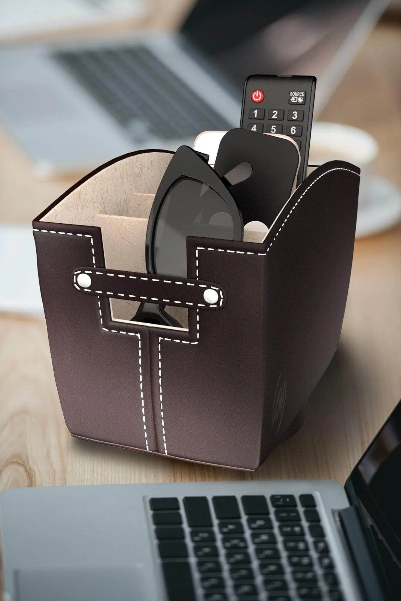 Kyle Matthews Designs TV Remote Control Holder Caddy Bedside Organizer | Nightstand Storage Desk Accessories | Rotating Base Faux Leather Multiple Compartments