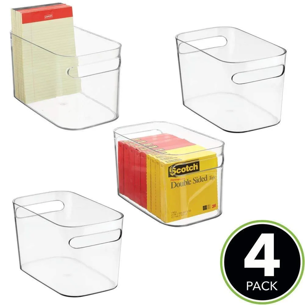 mDesign Plastic Home Office Bin Holder Storage Office Organization Container with Handles for Cabinets, Drawers, Desks, Workspace - for Pens, Pencils, Highlighters, Notebooks, 4 Pack - Clear