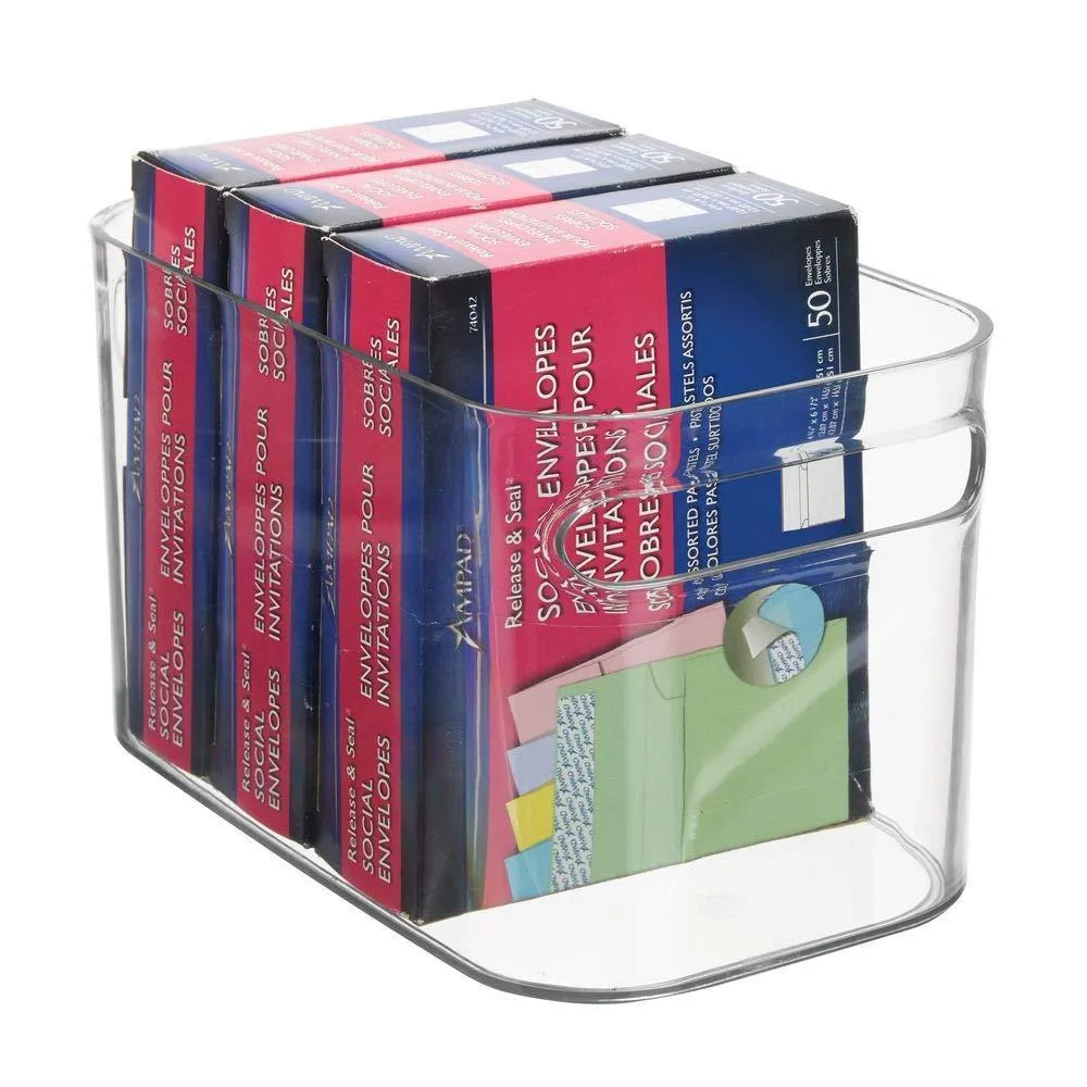 mDesign Plastic Home Office Bin Holder Storage Office Organization Container with Handles for Cabinets, Drawers, Desks, Workspace - for Pens, Pencils, Highlighters, Notebooks, 4 Pack - Clear