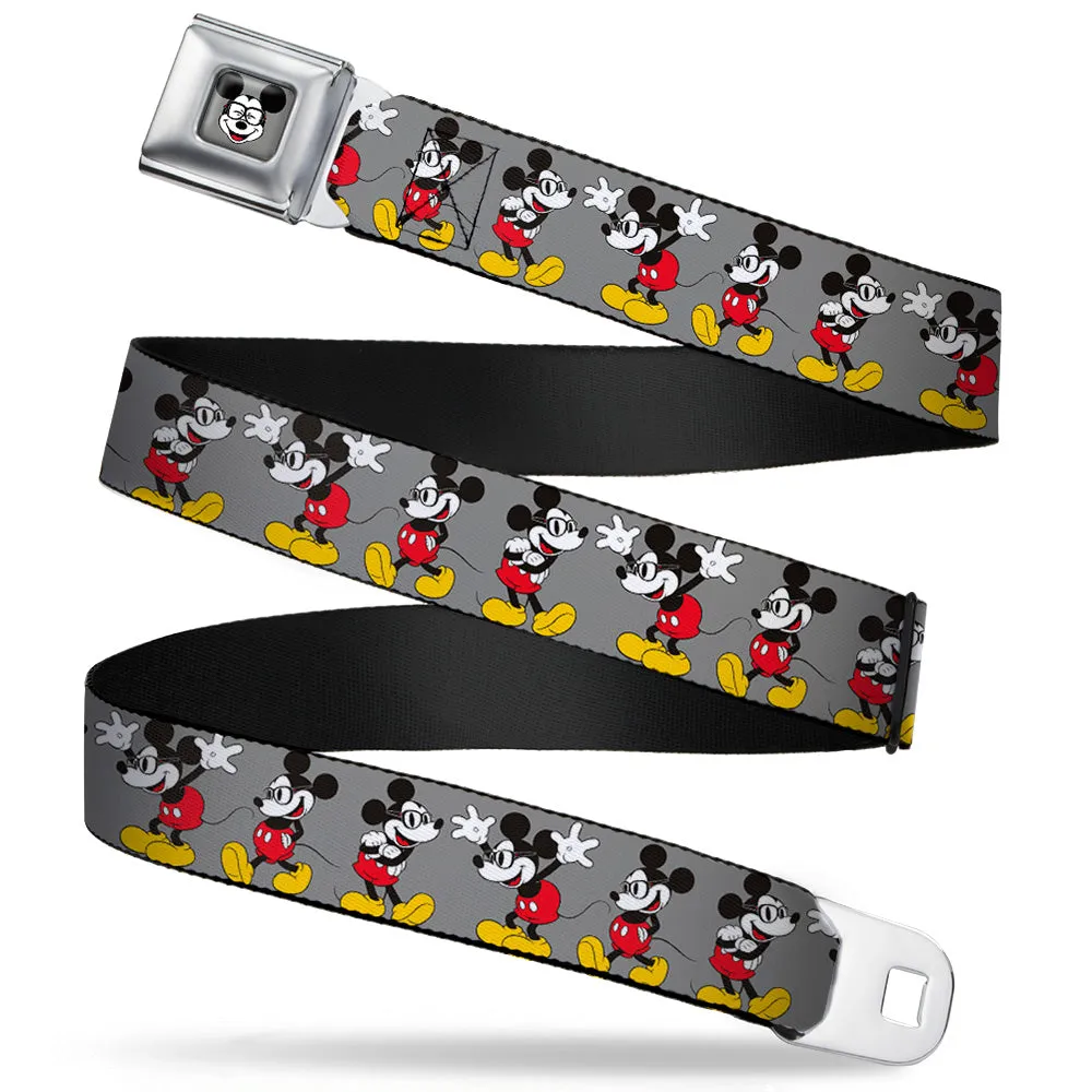 Mickey Mouse w Glasses Full Color Gray Seatbelt Belt - Mickey Mouse w/Glasses Poses Gray Webbing