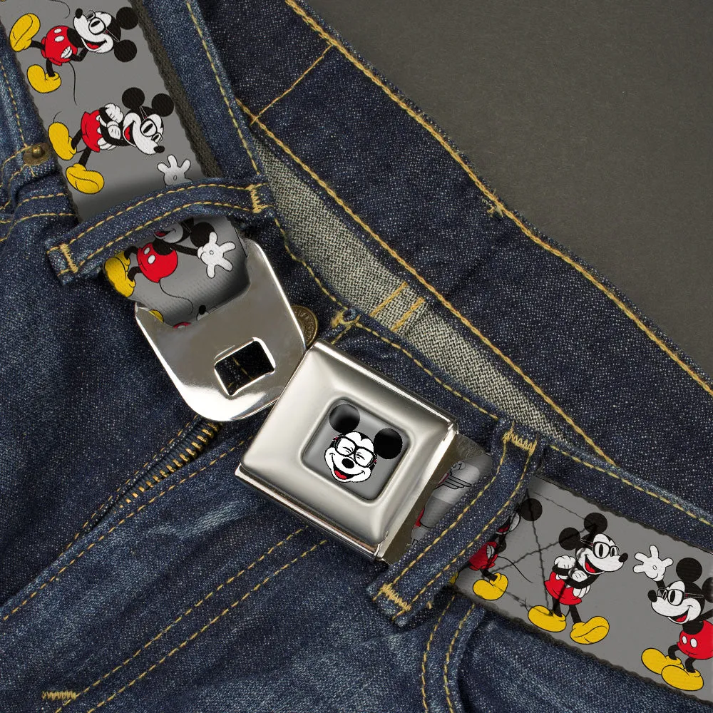 Mickey Mouse w Glasses Full Color Gray Seatbelt Belt - Mickey Mouse w/Glasses Poses Gray Webbing