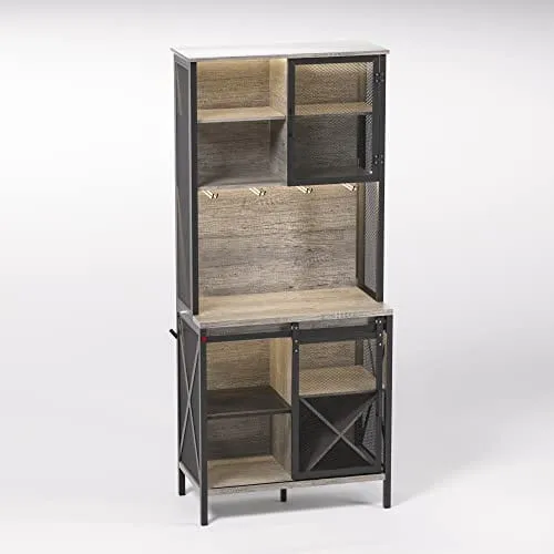 QNICE 71" LED Lights Industrial Bar Cabinet/Dining Room Hutch with Sliding Barn Door/Freestanding Liquor Pantry with Wine Rack/Rustic Oak