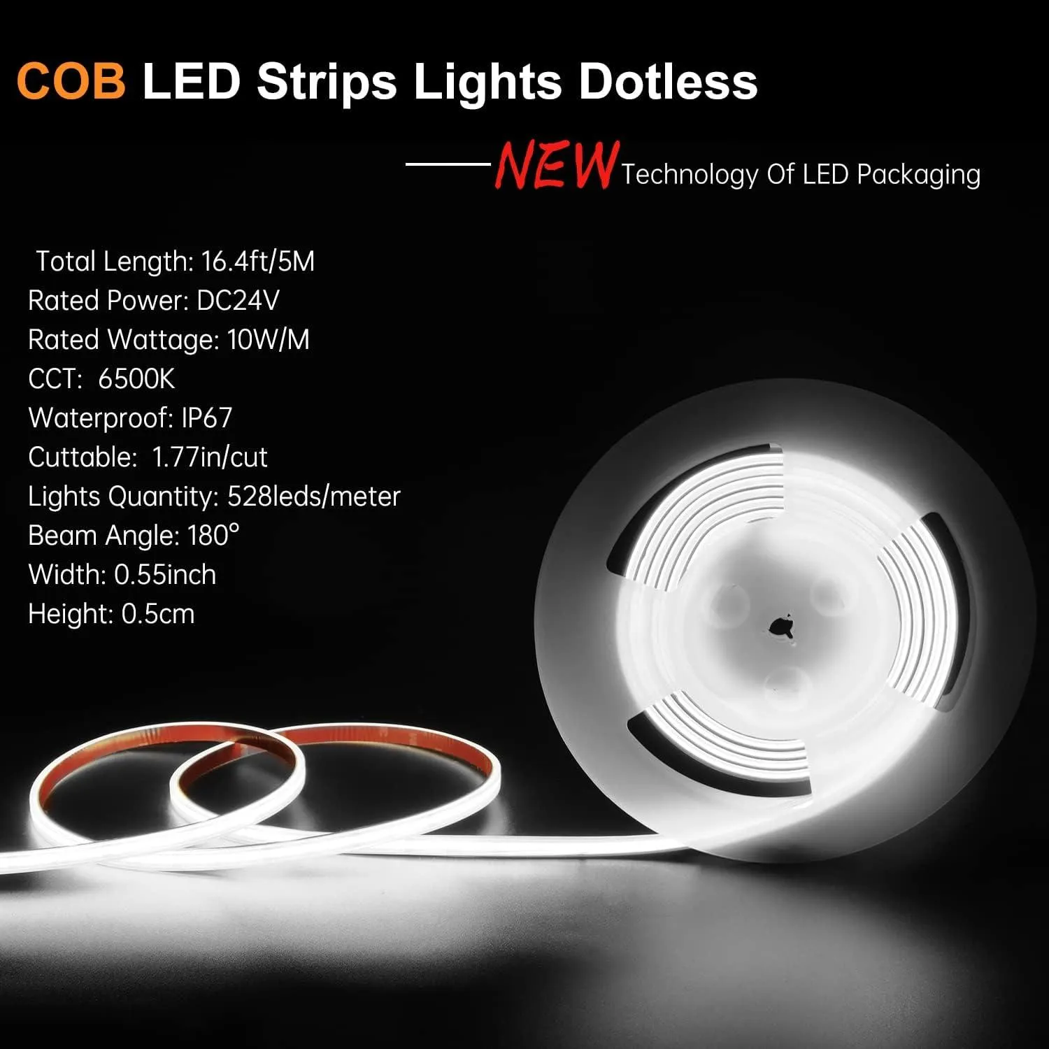 UL-Listed Outdoor LED Strip Lights, 16.4ft 5700K COB Lights Strip 528LEDS/m 24V, IP67 Waterproof