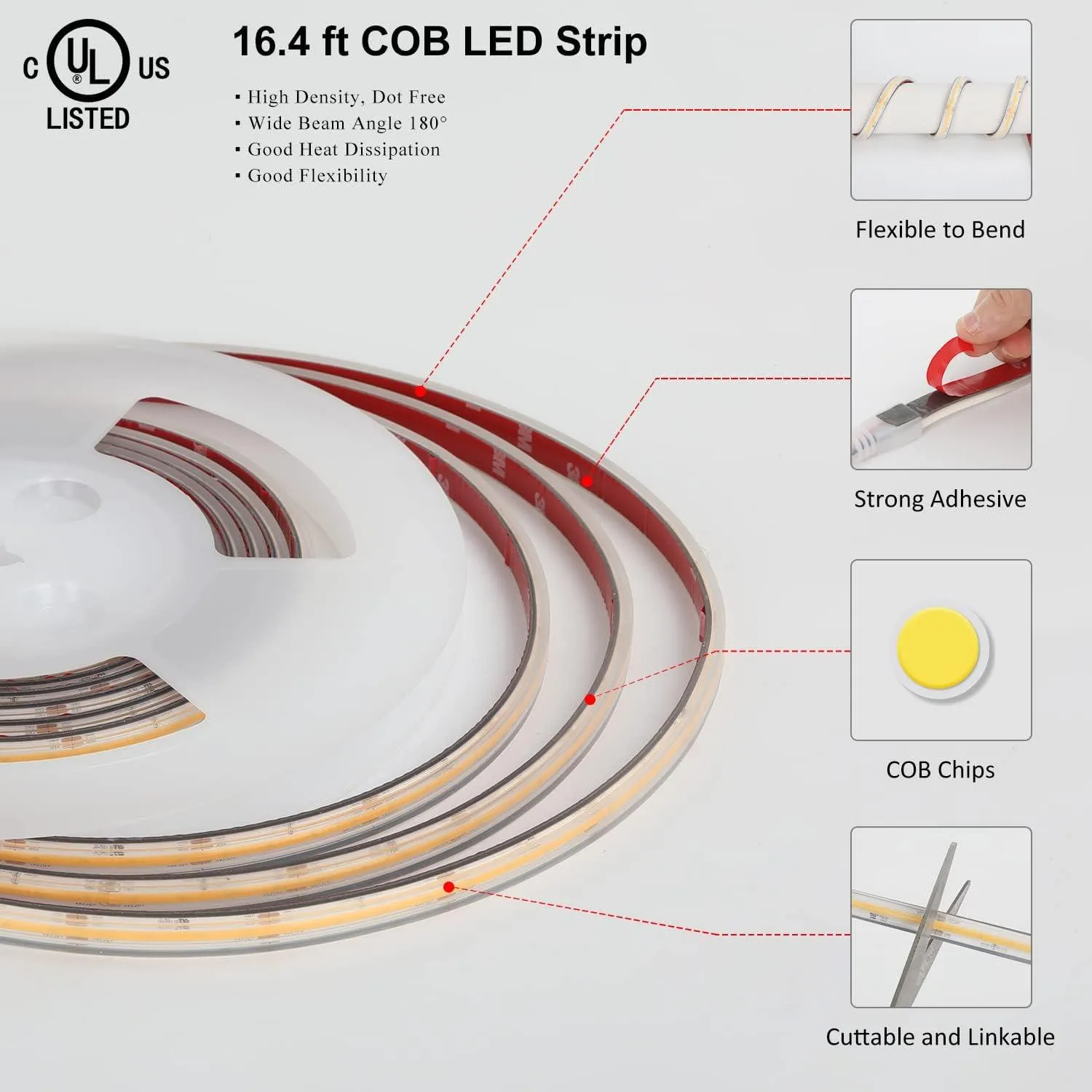 UL-Listed Outdoor LED Strip Lights, 16.4ft 5700K COB Lights Strip 528LEDS/m 24V, IP67 Waterproof