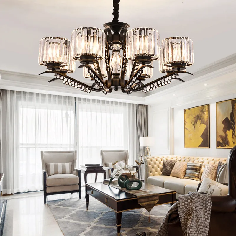 Vintage Style Crystal Drum Chandelier - Elegant Black Suspension Light for Dining Room
