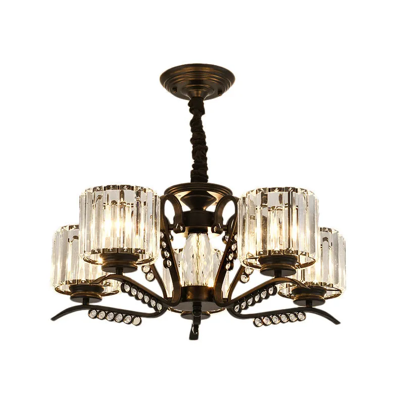 Vintage Style Crystal Drum Chandelier - Elegant Black Suspension Light for Dining Room