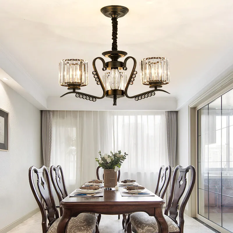 Vintage Style Crystal Drum Chandelier - Elegant Black Suspension Light for Dining Room