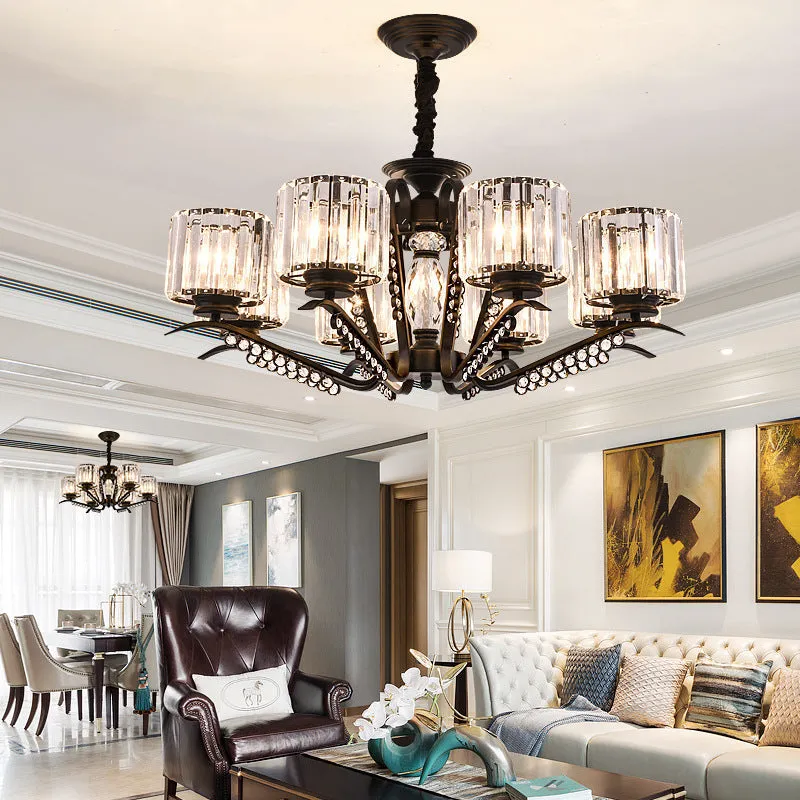 Vintage Style Crystal Drum Chandelier - Elegant Black Suspension Light for Dining Room