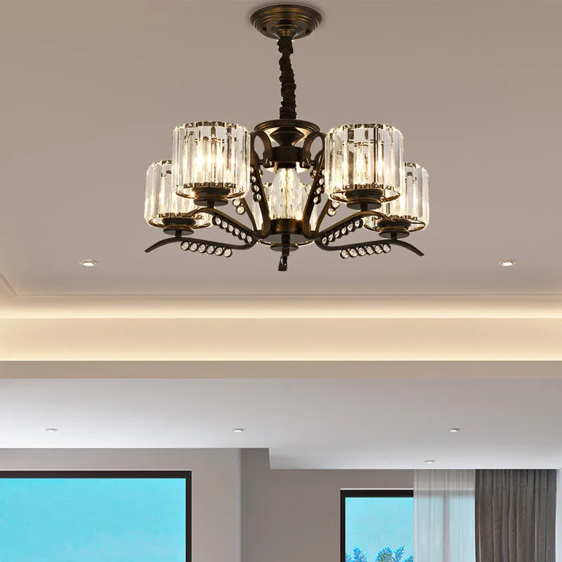 Vintage Style Crystal Drum Chandelier - Elegant Black Suspension Light for Dining Room